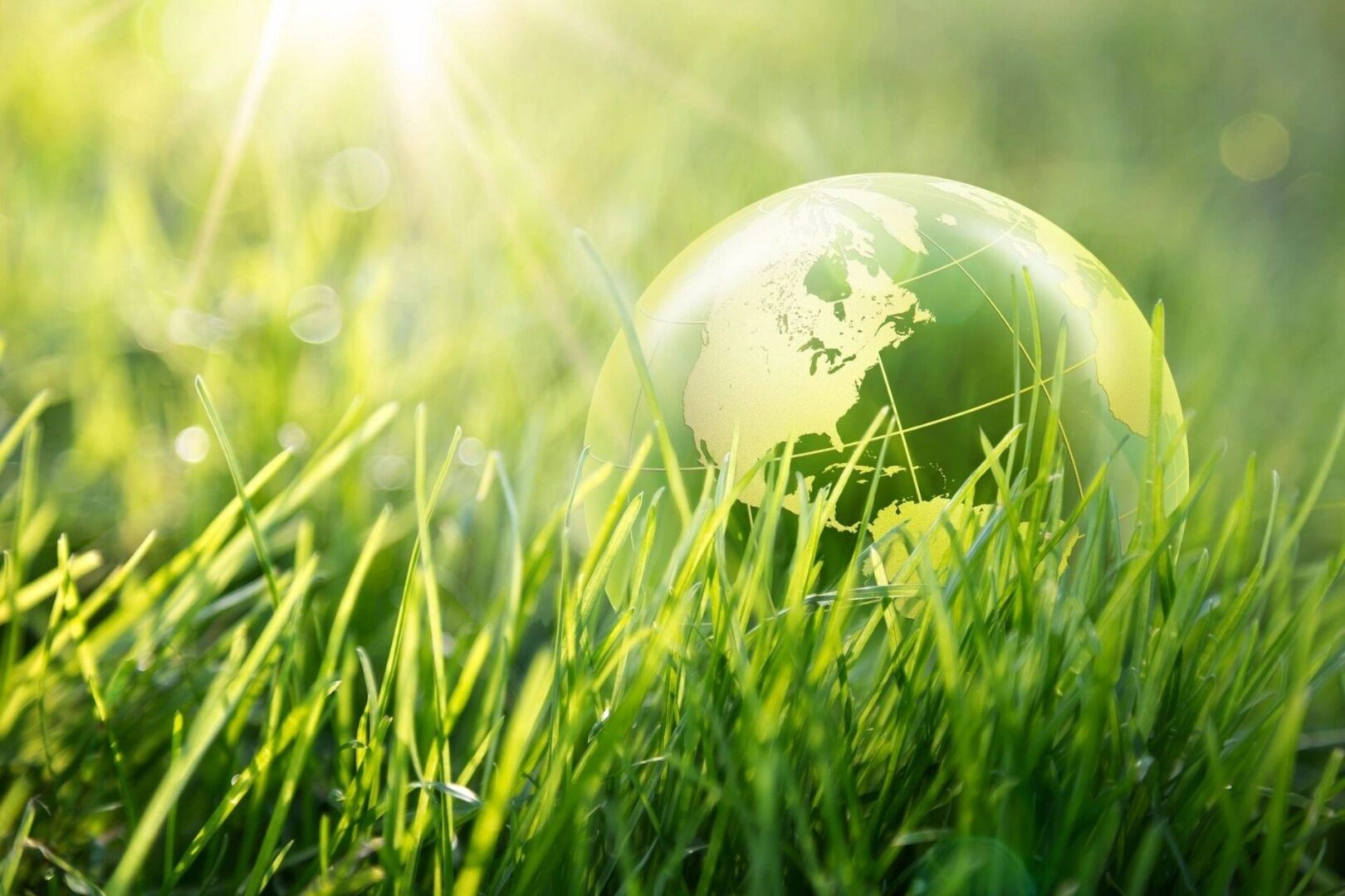 A globe in the grass with sunlight coming through.